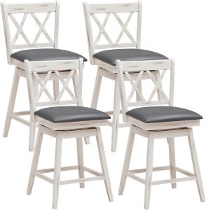 COSTWAY Bar Stool Set of 4, 360 ° Swivel Counter Height 25inch Bar Stool with Foot Rest Upholstered Cushion & Ergonomic Backrest, Sturdy Frame, for Pub, Restaurant, Home (4, Antique White + Grey)