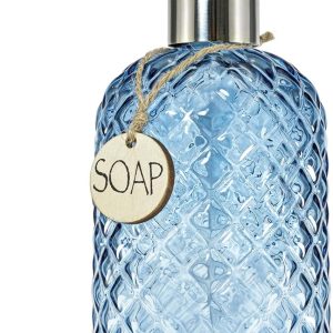 JASAI 18Oz Gem Patterned Glass Soap Dispenser for Kitchen, Refillable Hand soap Dispenser with Rust Proof Stainless Steel Pump, Clear Soap Dispenser Bathroom for Dish Soap, Hand soap, Lotion(Blue)